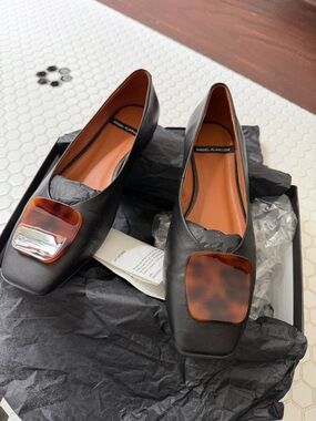 Angel Alarcon Black Leather Square-Toe Flats with Tortoiseshell Accent